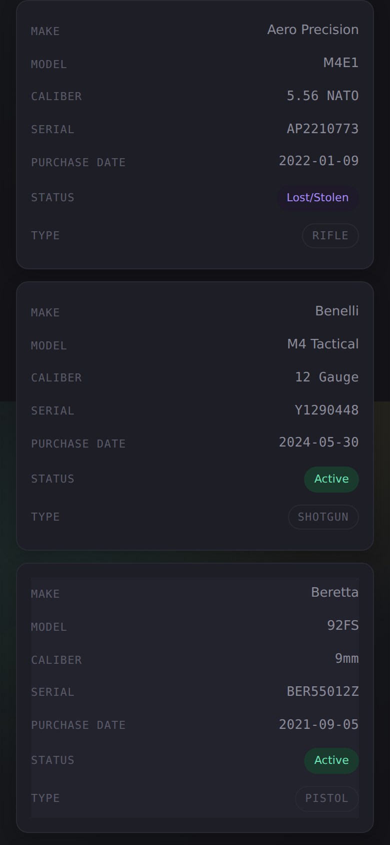Pew Pew Collection firearm inventory on a mobile phone — table rows collapsed into a responsive card layout