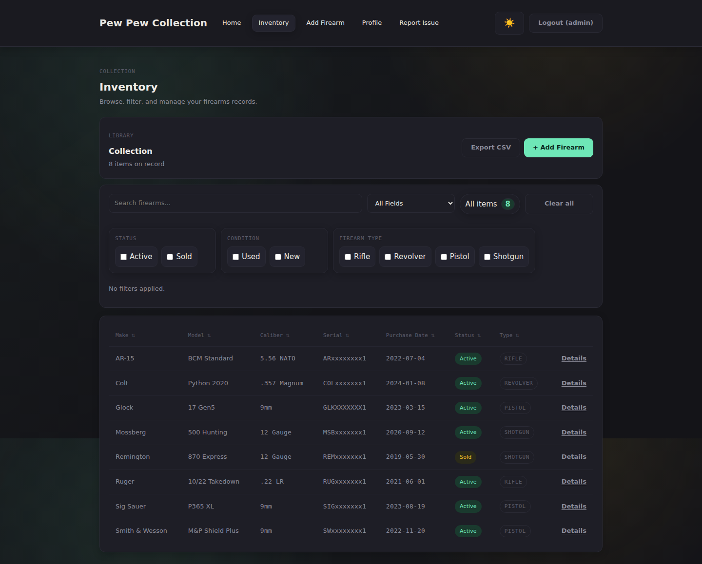 Pew Pew Collection — Inventory List View